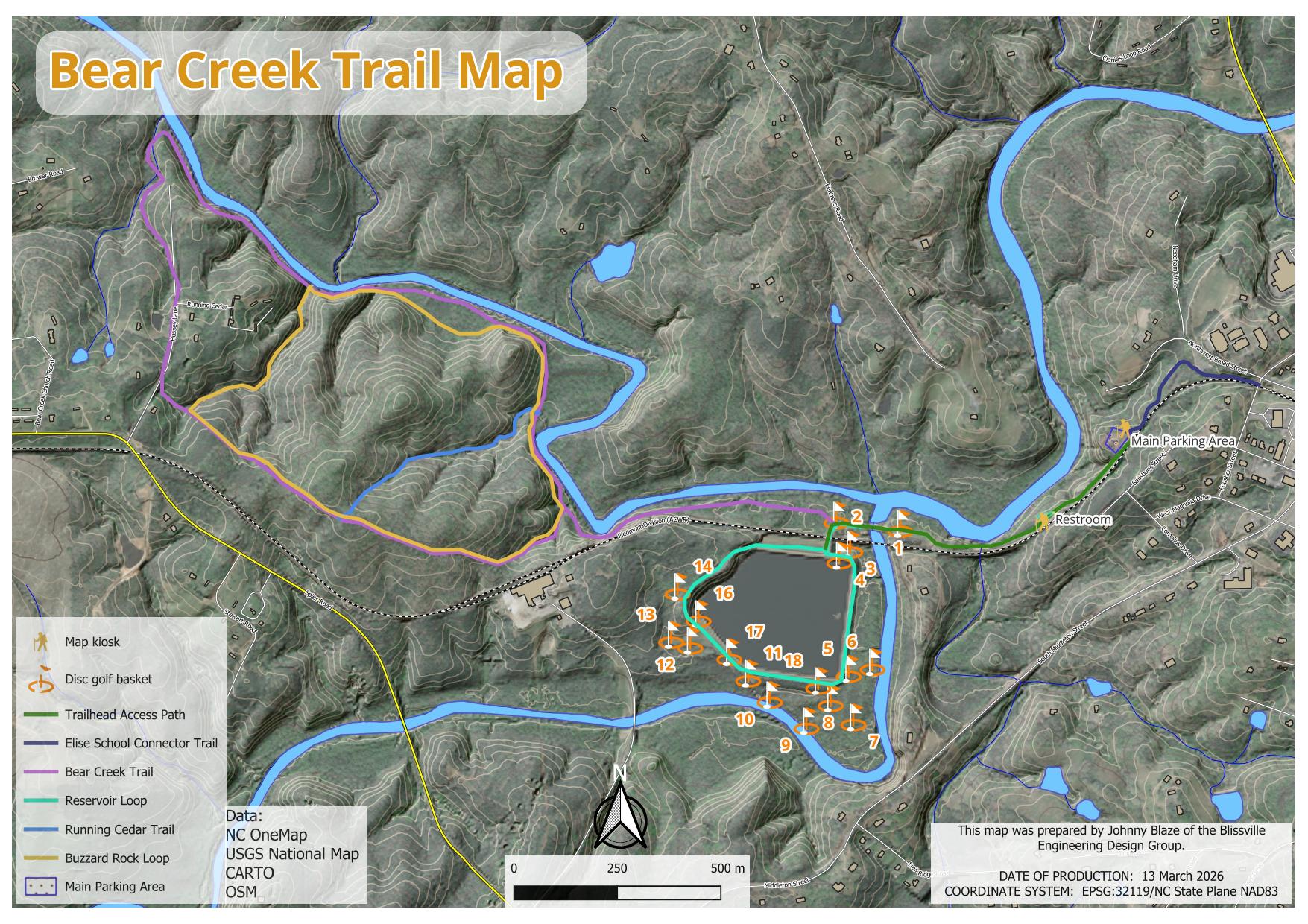 Bear Creek Trail System map — Robbins, NC. Shows 7 trail routes, 18-hole disc golf course, Bear Creek and Cabin Creek waterways, hillshade terrain, parking areas, and restrooms. Produced March 2026 in EPSG:32119.